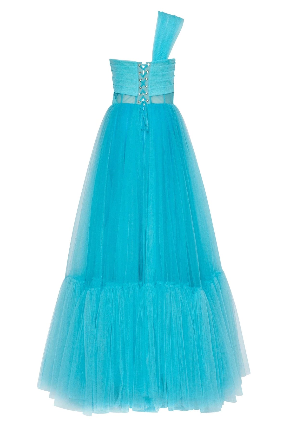 Aquamarine ball gown with one shoulder wrap top