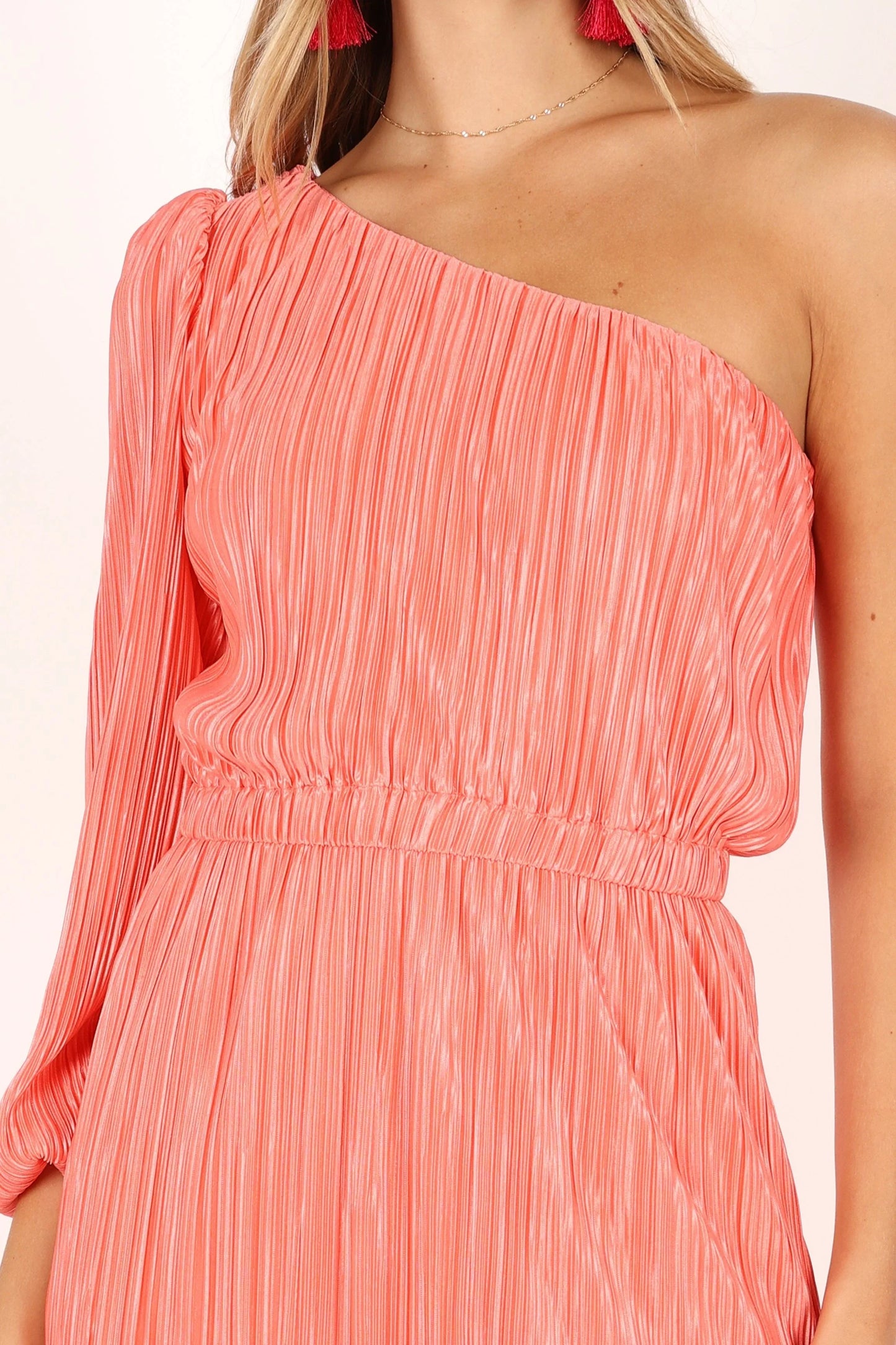 Pontee One Shoulder Pleated Midi Dress Coral