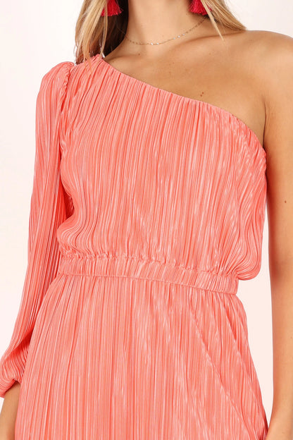 Pontee One Shoulder Pleated Midi Dress Coral