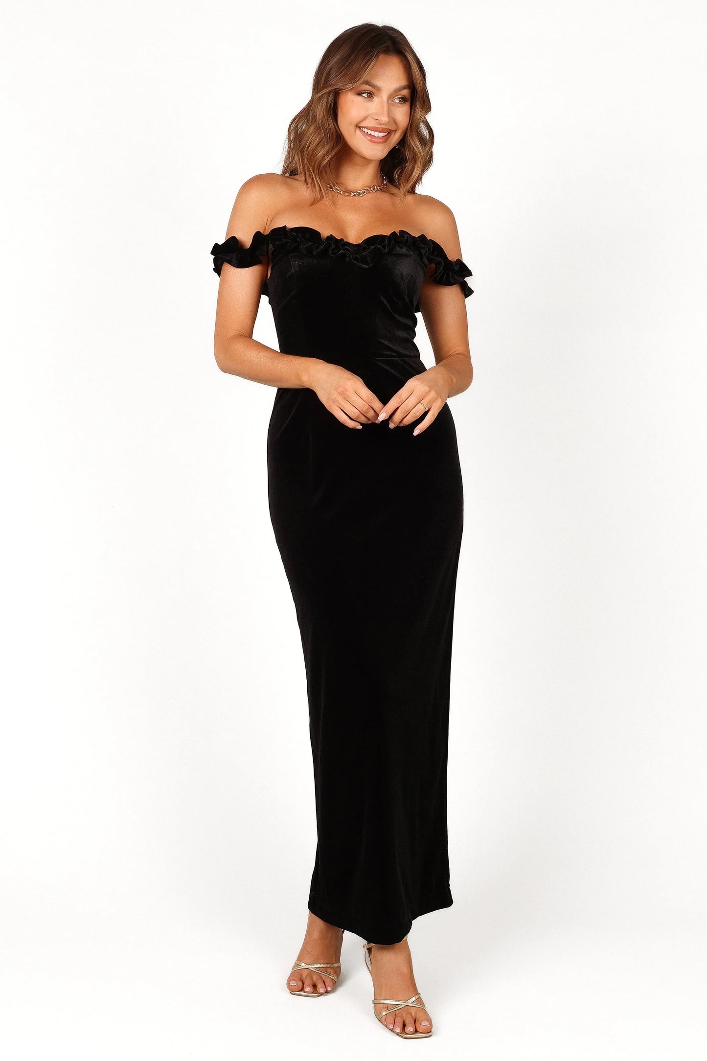 Celeste Off Shoulder Velvet Maxi Dress Black
