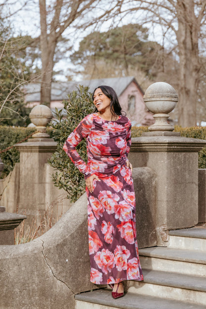 Calypso Long Sleeve Maxi Dress Burgundy Peony