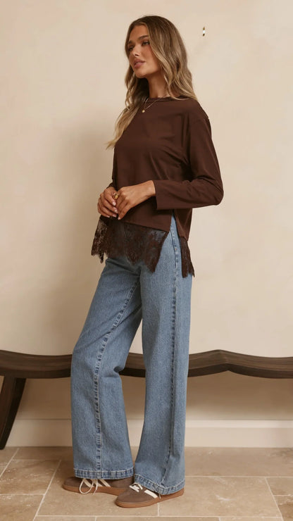 Alina Lace Trim Top Chocolate