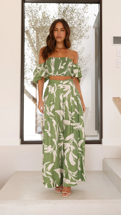 Callison Crop Top and Pants Set Green Print