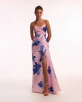 Strapless pink maxi dress with blue flowered pattern Glow Up