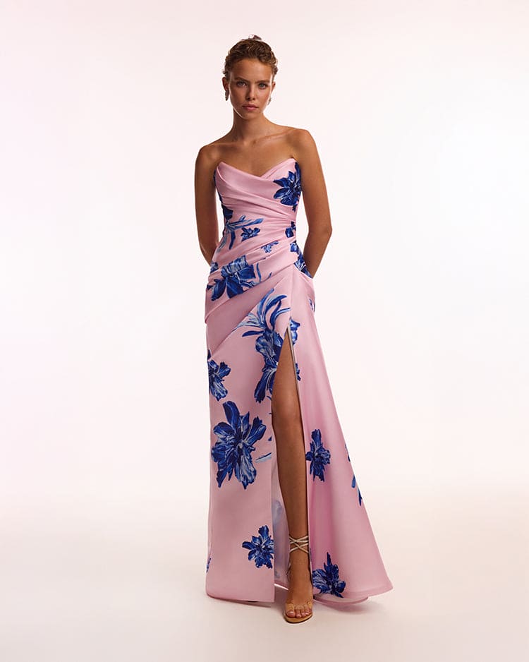 Strapless pink maxi dress with blue flowered pattern Glow Up