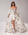 Apple Blossom Elegant floral puff sleeve maxi dress