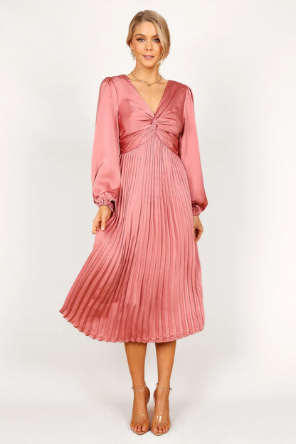 Noelle Twist Front Pleated Midi Dress Blush
