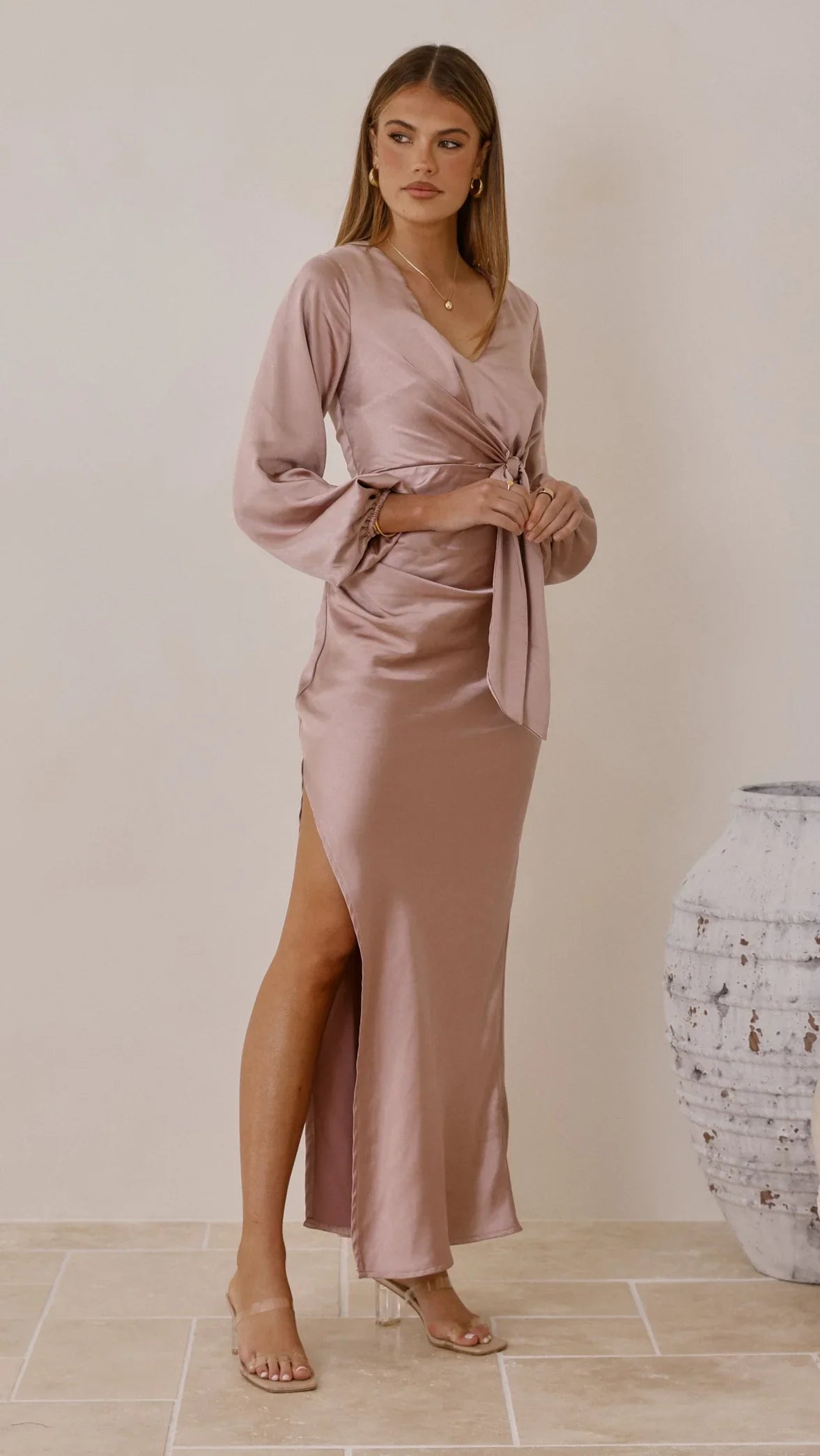 Ivy Long Sleeve Tie Front Maxi Dress Dusty Pink