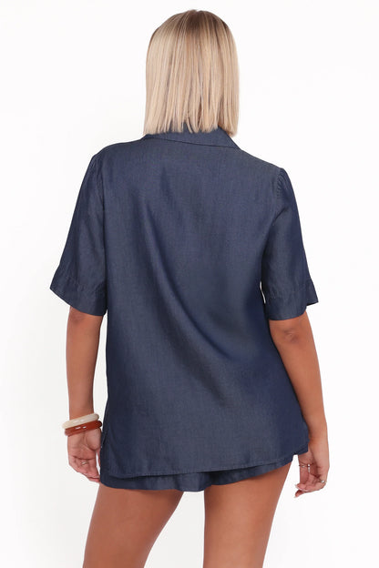 Aaliyah Chambray Tie Front Top Dark Wash
