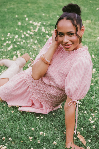 Kaelyn Gather Mini Dress Pink Stripe