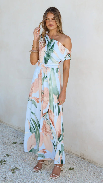 Oasis One Shoulder Jumpsuit Blue Peach Floral