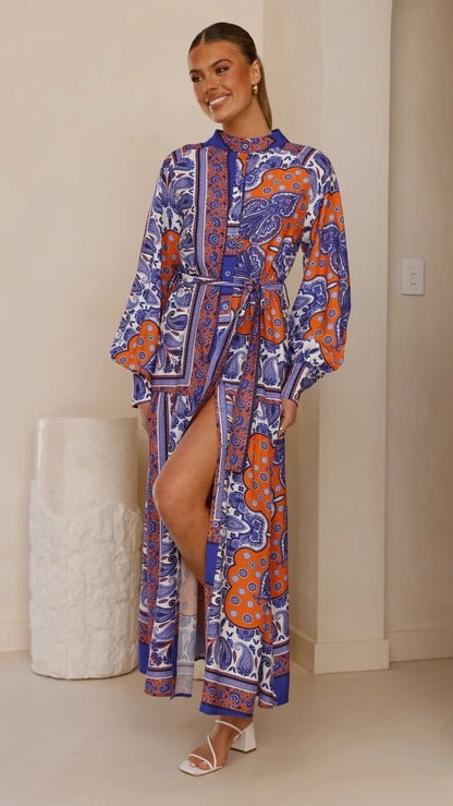 Tasha Maxi Dress Blue Orange Print
