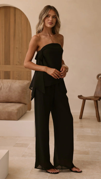 Zabrina Semi Sheer Strapless Top and Pants Set Black