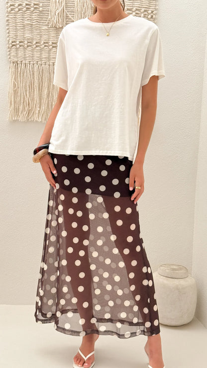 Onella Semi Sheer Maxi Skirt Chocolate White Polka Dot
