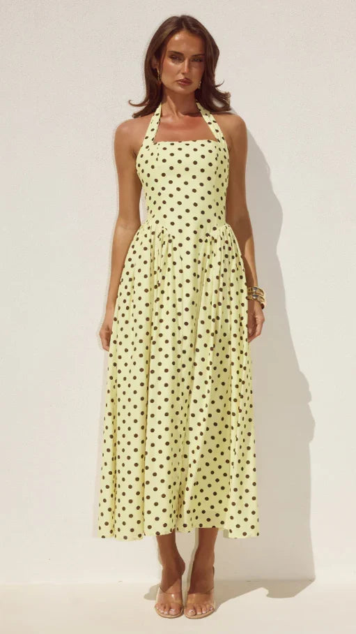 Sammi Halter Midi Dress Lemon Choc Polka