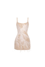 Beige lace corset mini dress embellished with sequins and fringes