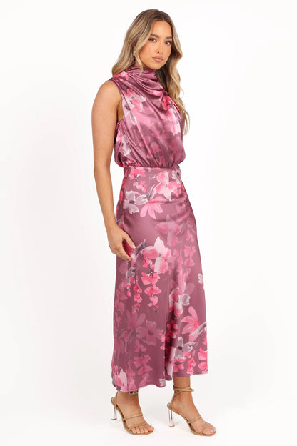 Anabelle Halter Neck Midi Dress Dark Rose Floral