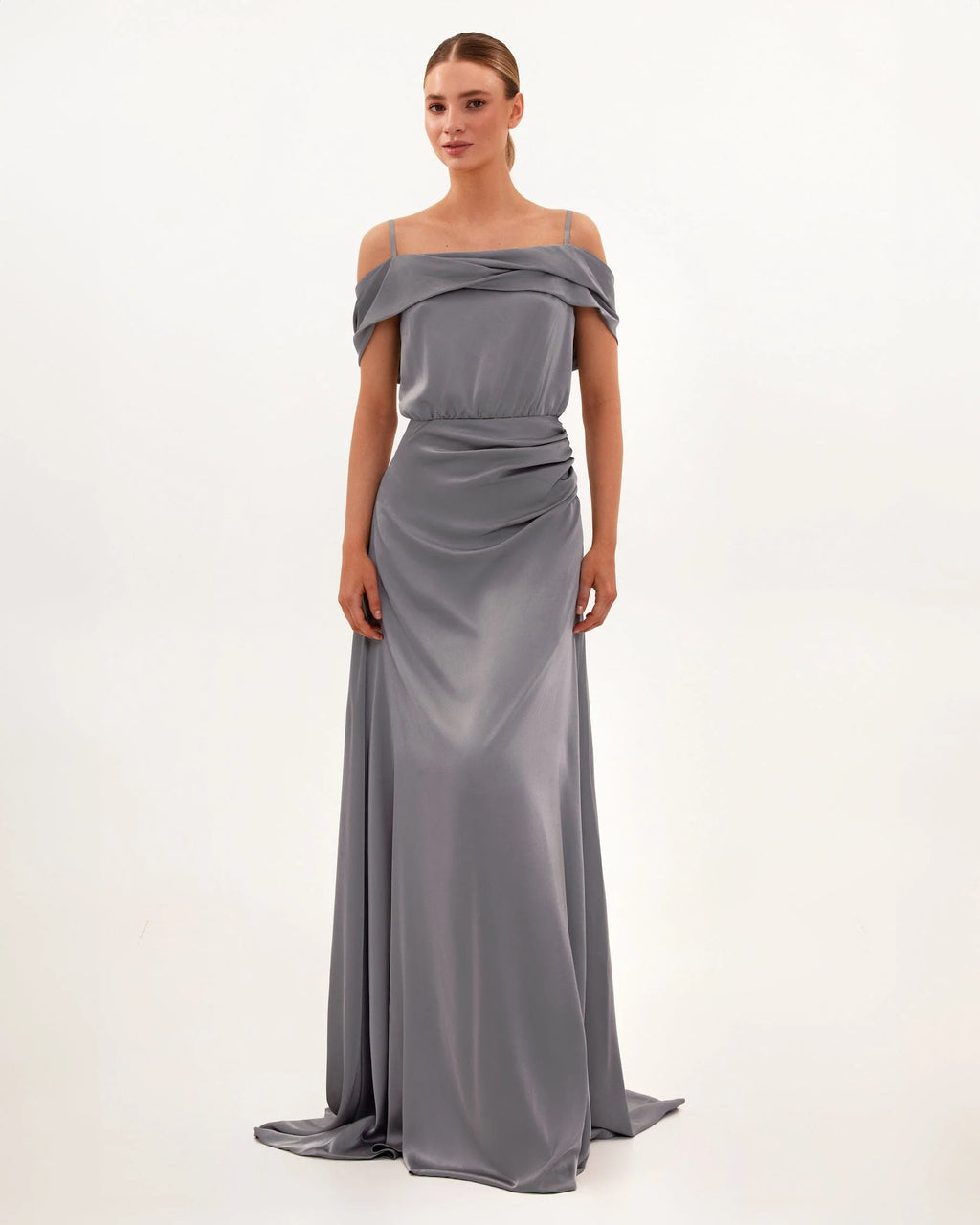 Elegant silver off the shoulder silk maxi dress