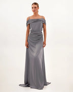 Elegant silver off the shoulder silk maxi dress