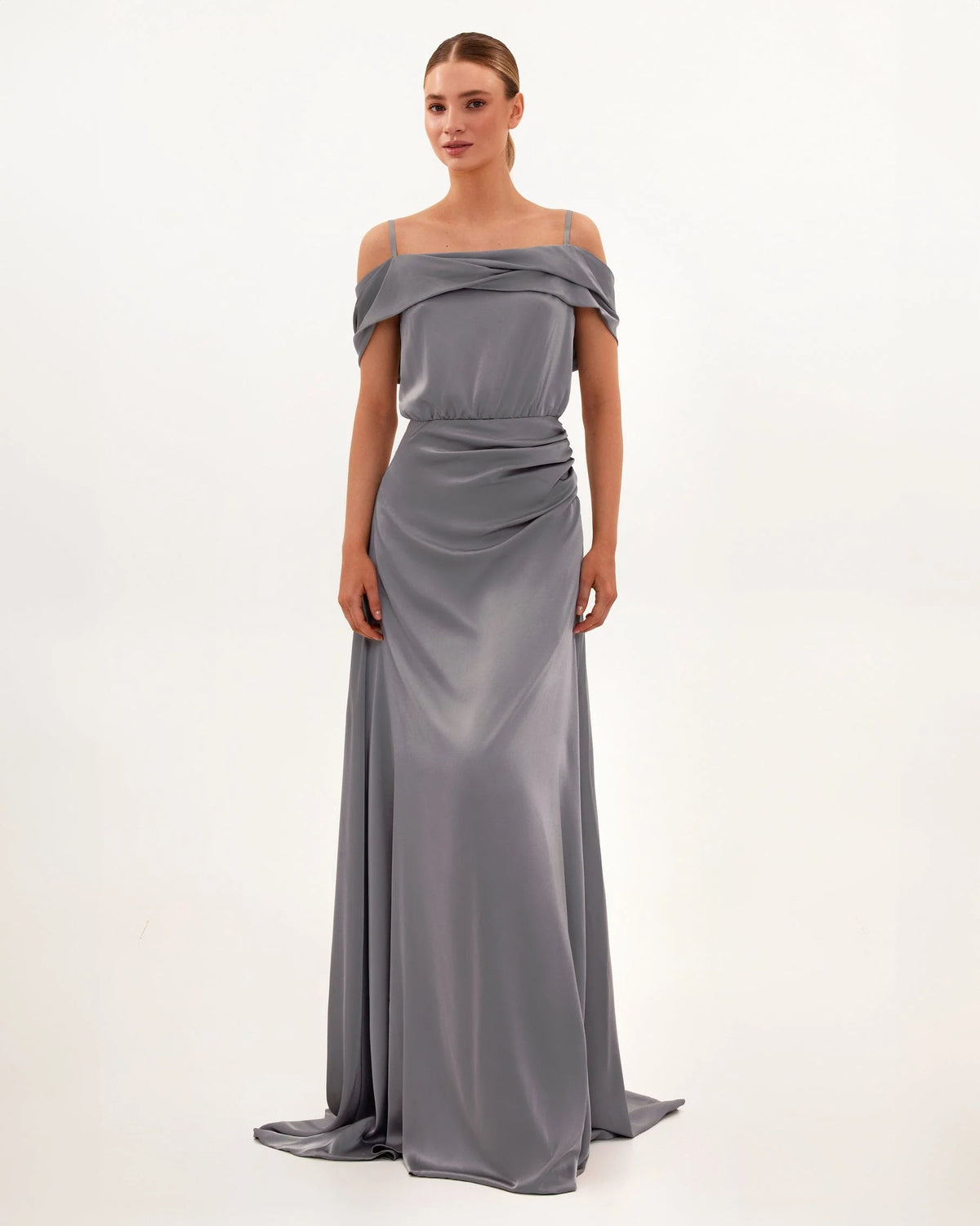 Elegant silver off the shoulder silk maxi dress