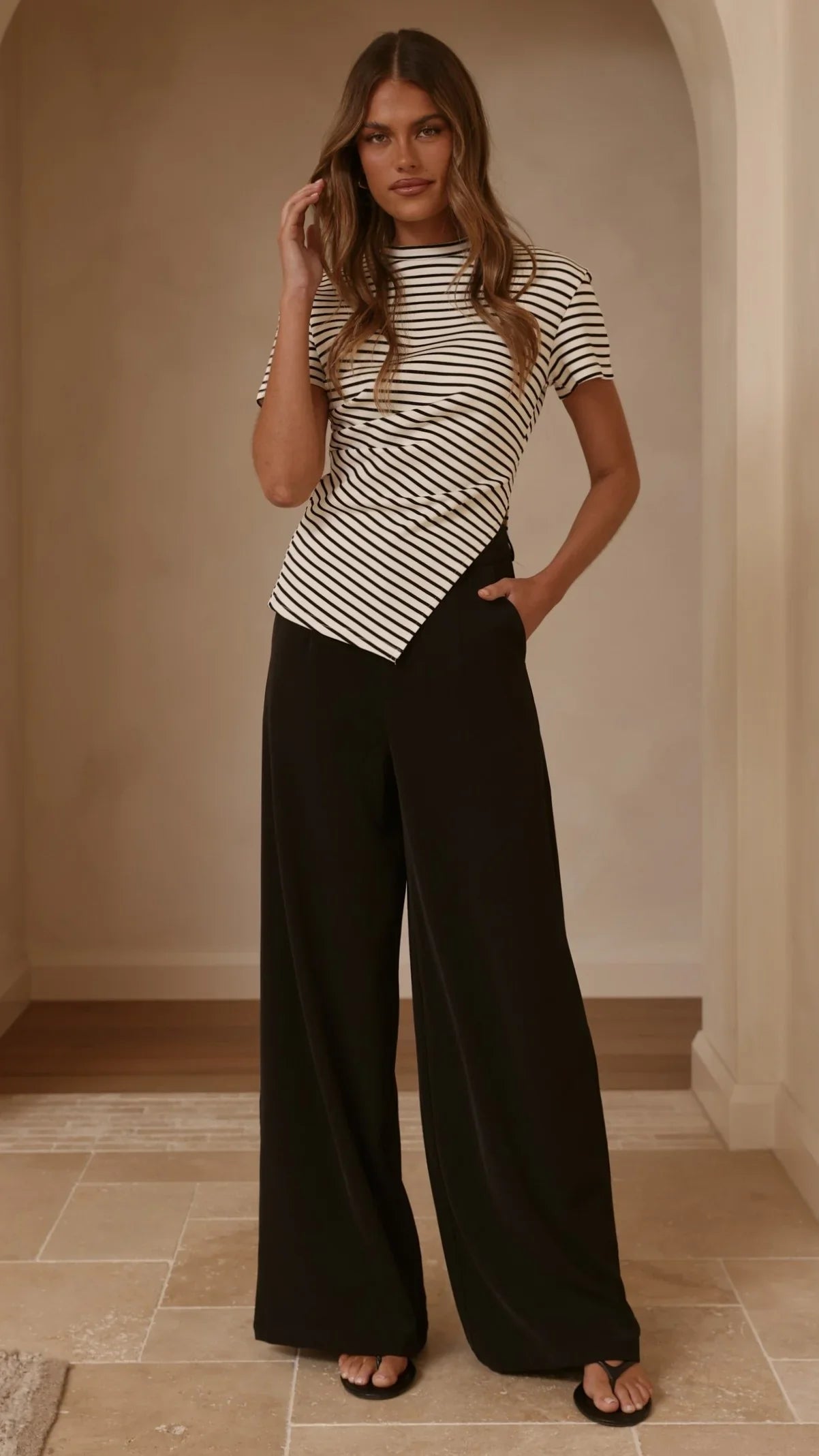 Tiarna Side Ruched Tee Black White Stripe