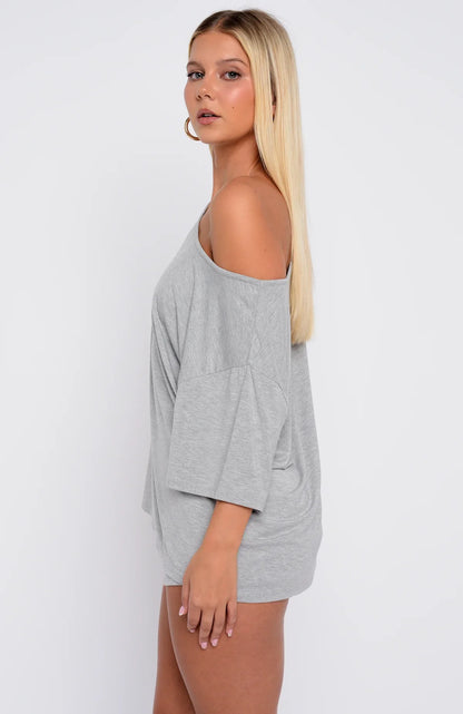 Slow Life Off Shoulder Oversized Pyjama Tee Grey Marle