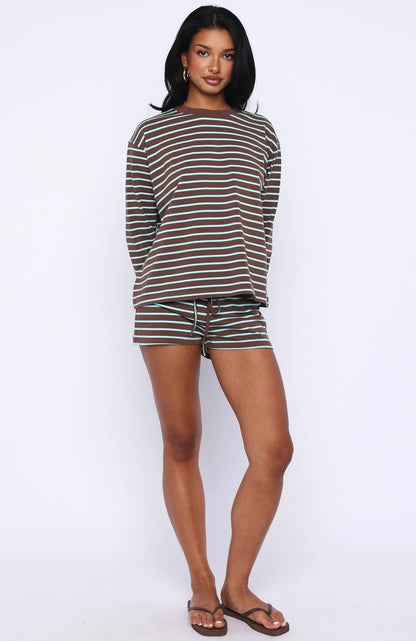 Touchdown Long Sleeve Tee Chocolate Blue Stripe