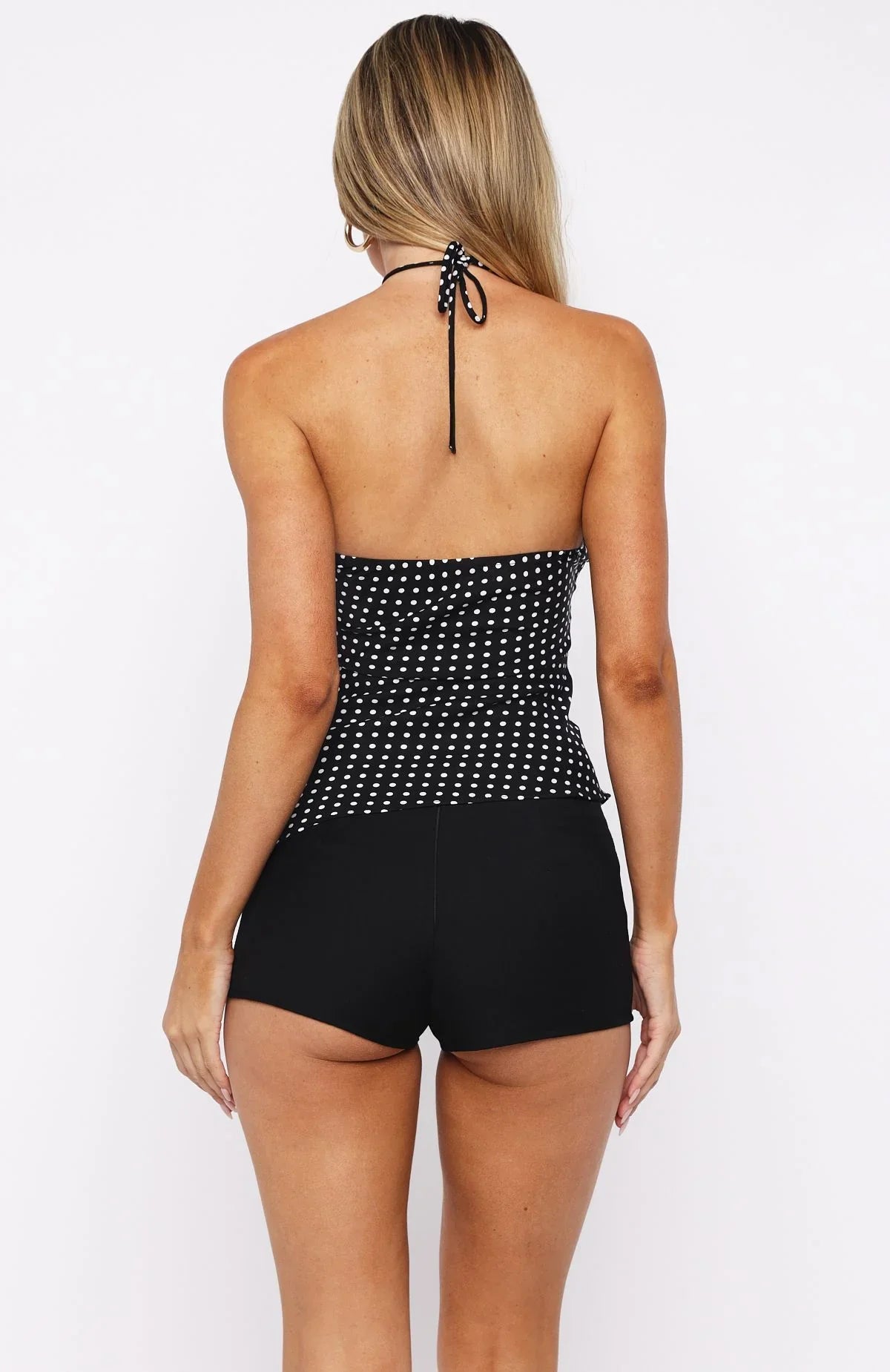 Laced Up Halter Top Black White Polka Dot