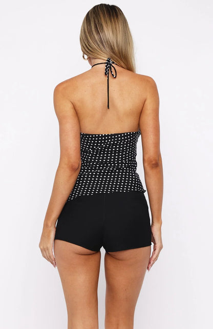 Laced Up Halter Top Black White Polka Dot