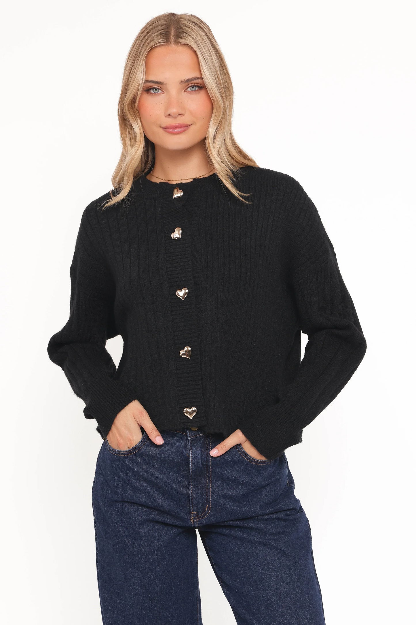 Loulani Heart Button Cardigan Black