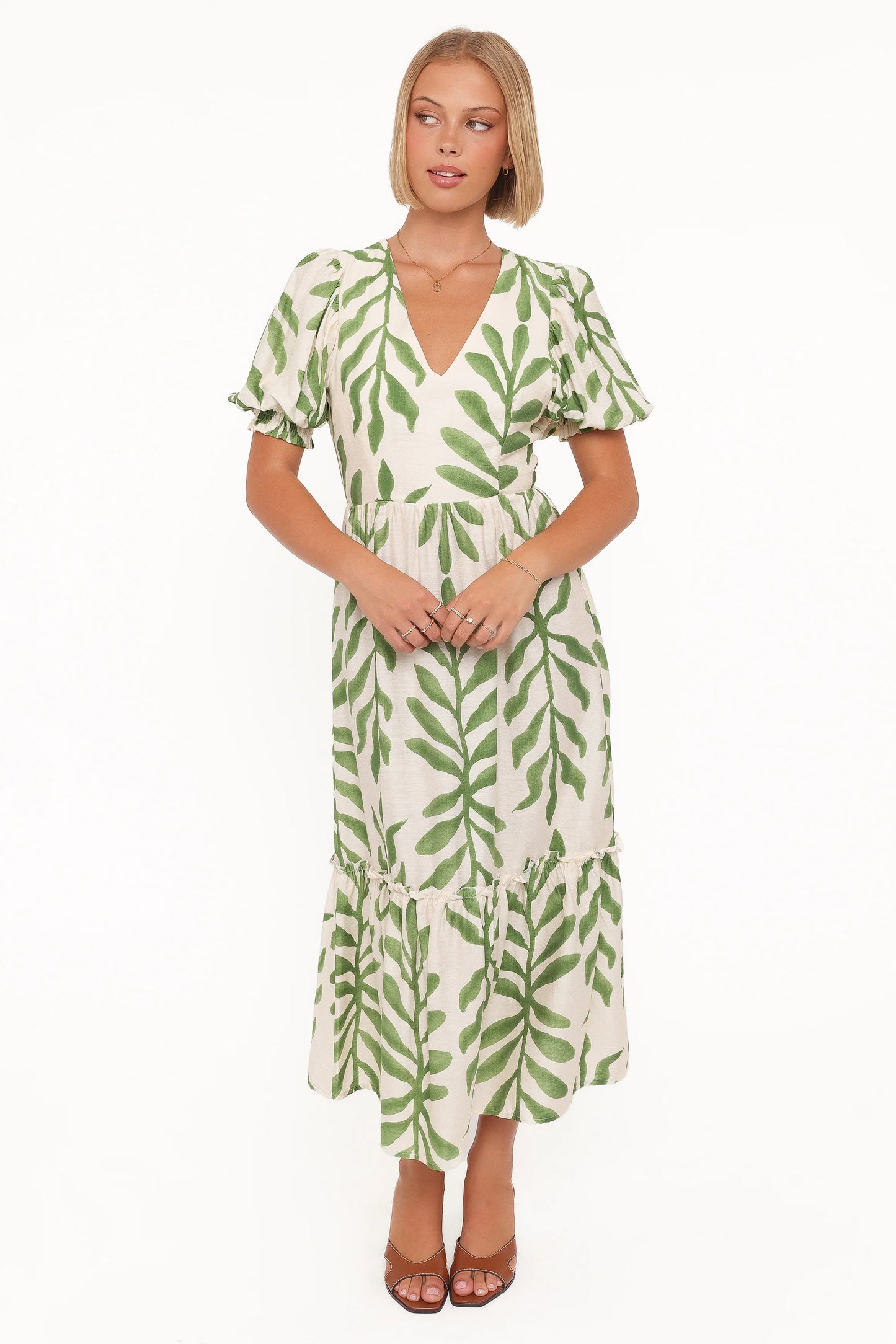 Steele Puff Sleeve Midi Dress Green Palm
