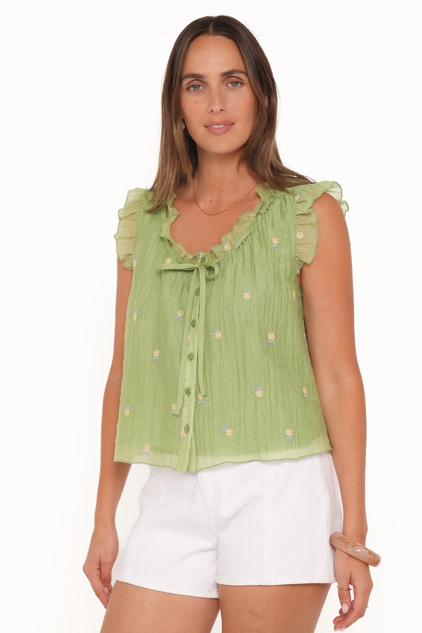 Lumi Embroidered Ruffle Top Green