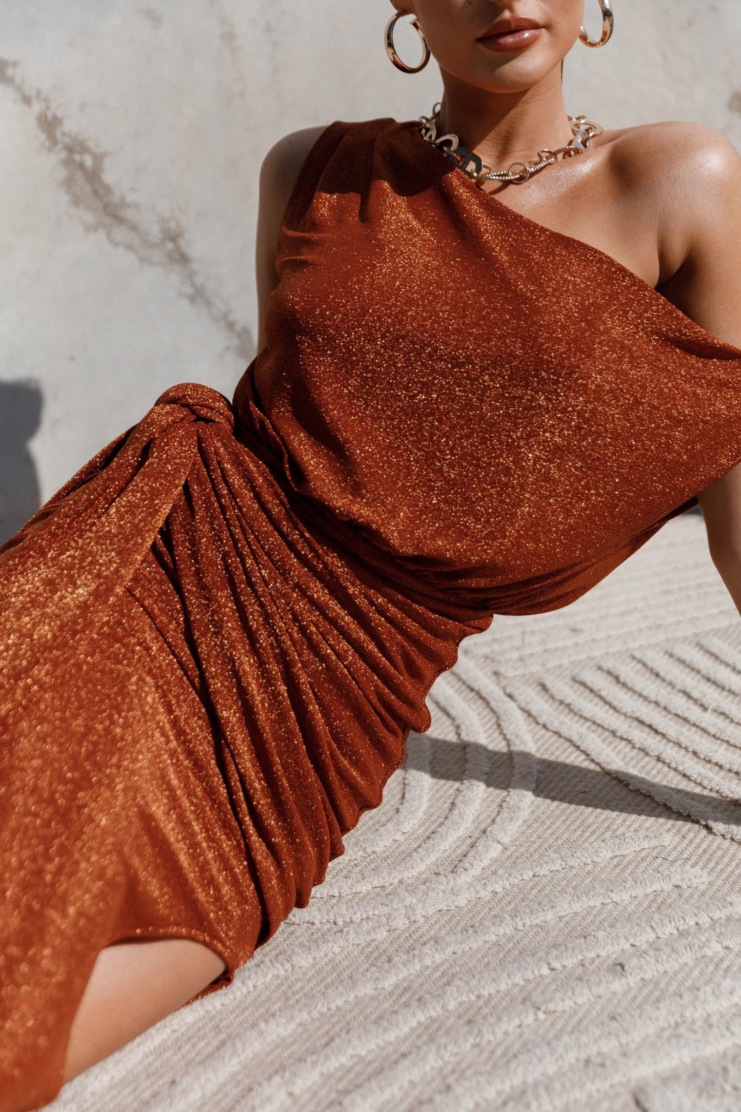 Santiago Off Shoulder Midi Dress Bronze
