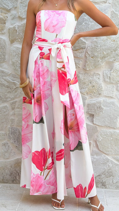 Carson Front Split Strapless Jumpsuit Pink Floral