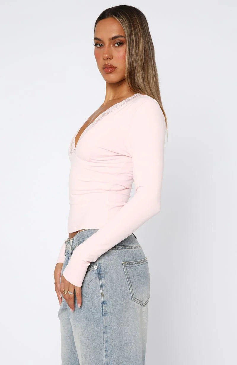 Knew That All Along Lace Trim Long Sleeve Top Baby Pink
