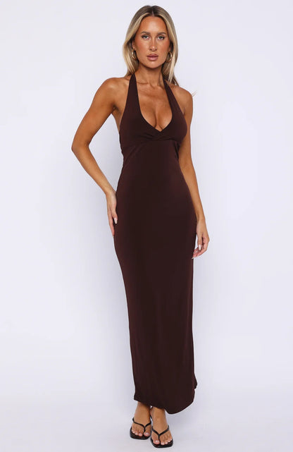 We All Want More Halter Neck Maxi Dress Chocolate