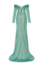 Mint Green Romantic off the shoulder sparkling long dress