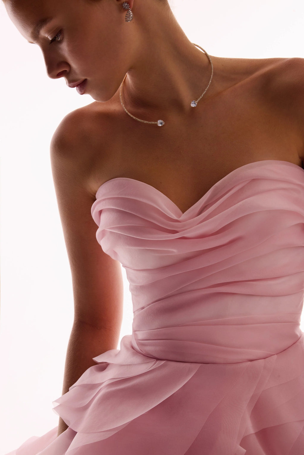 Dramatic flowered organza midi dress in misty rose Glow Up