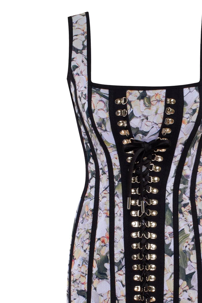 Alluring floral mini dress with bold lace up hook closure