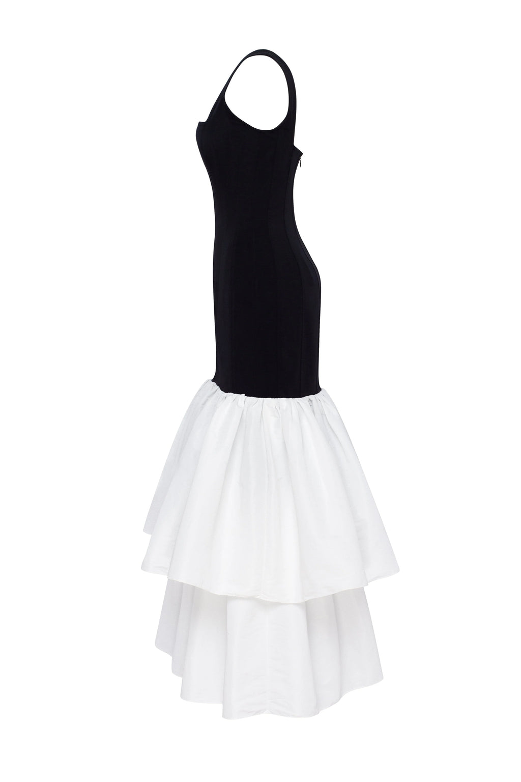 Black fitted maxi dress with white puffy tiered skirt Parisienne
