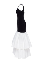 Black fitted maxi dress with white puffy tiered skirt Parisienne