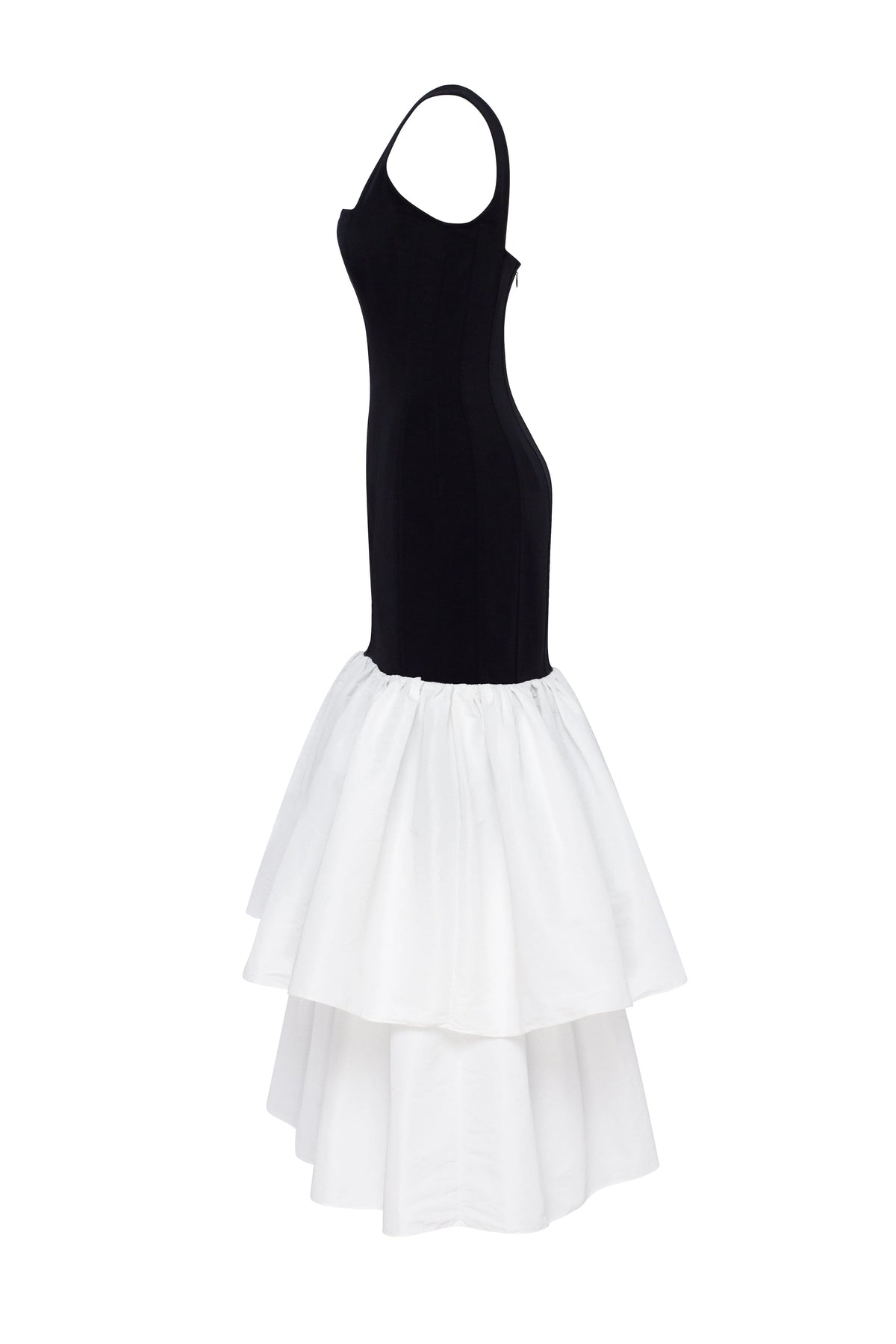 Black fitted maxi dress with white puffy tiered skirt Parisienne