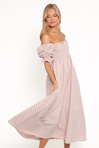 Siun Short Sleeve Midi Dress Brown Gingham