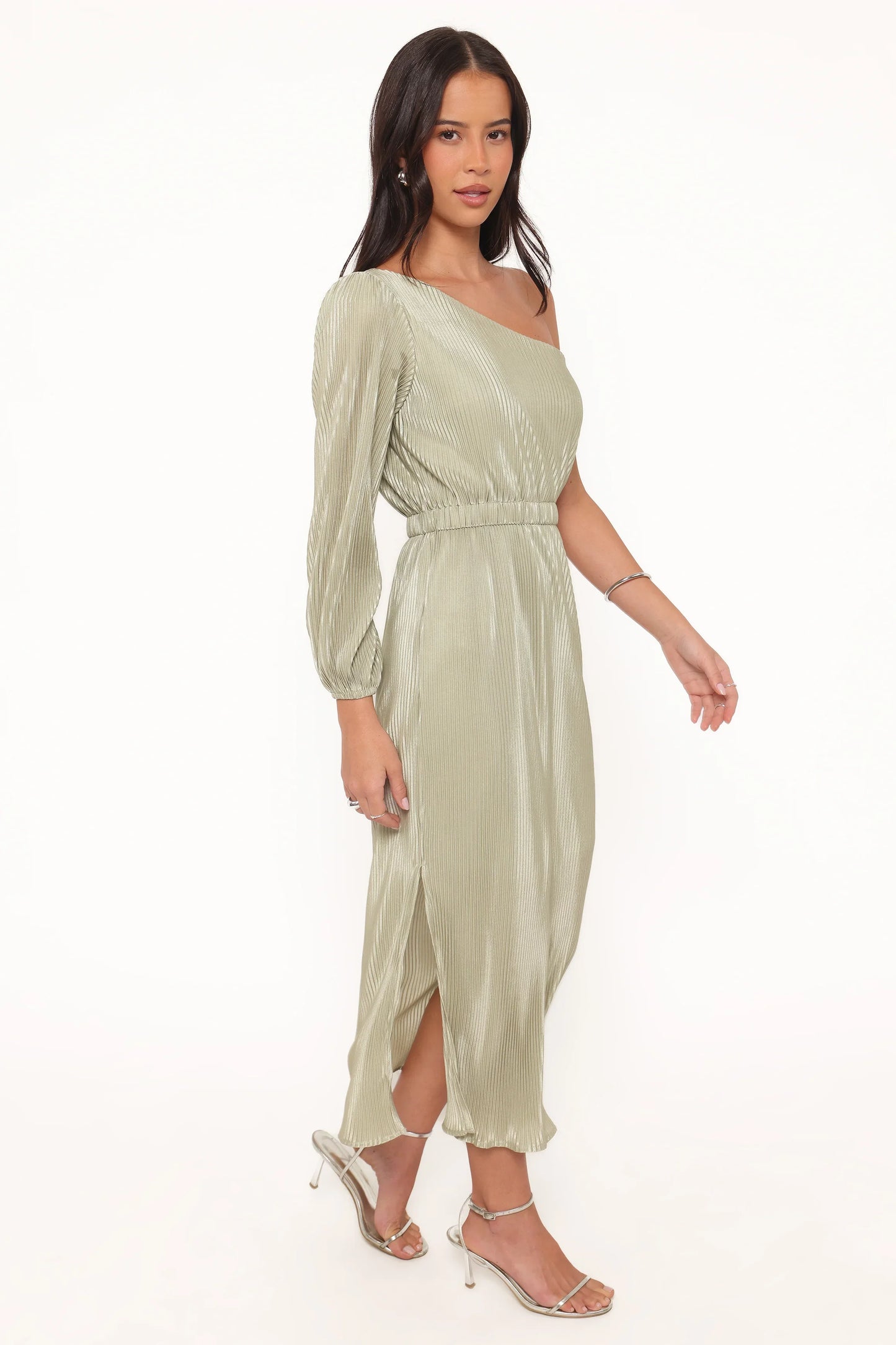 Pontee One Shoulder Pleated Midi Dress Sage Green