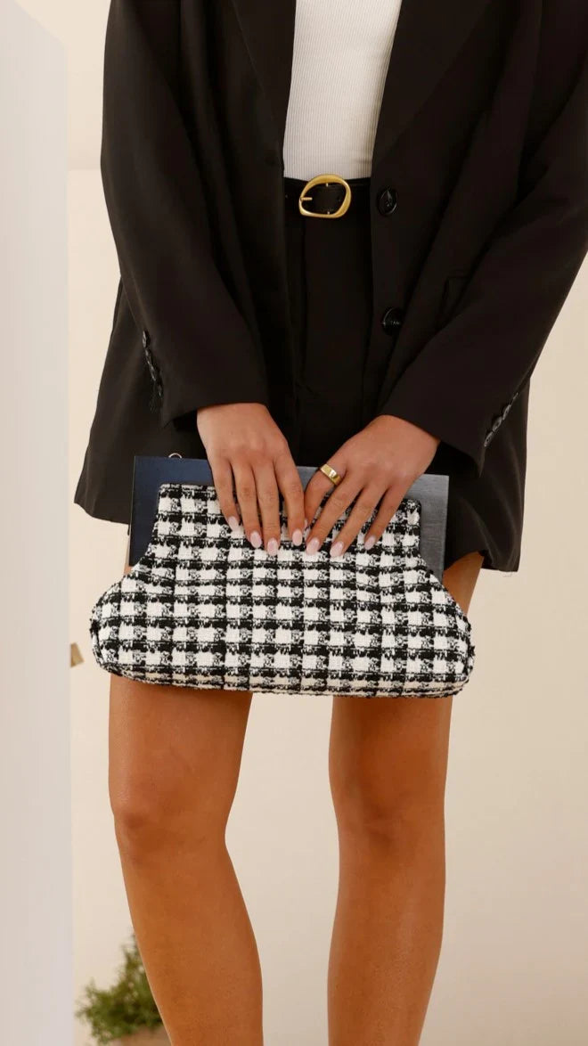 Zoey Boucle Timber Frame Clutch Black White