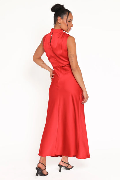 Anabelle Halter Neck Lace Maxi Dress Red