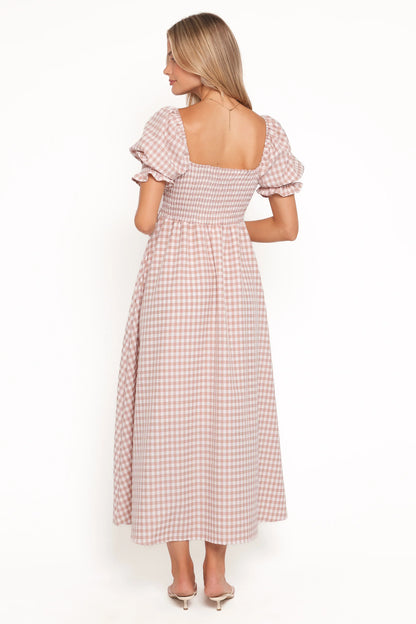 Siun Short Sleeve Midi Dress Brown Gingham
