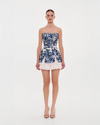 Strapless blue hydrangea mini dress with accent lacing