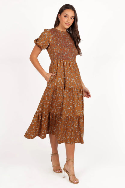 Naura Shirred Tiered Midi Dress Cognac Floral