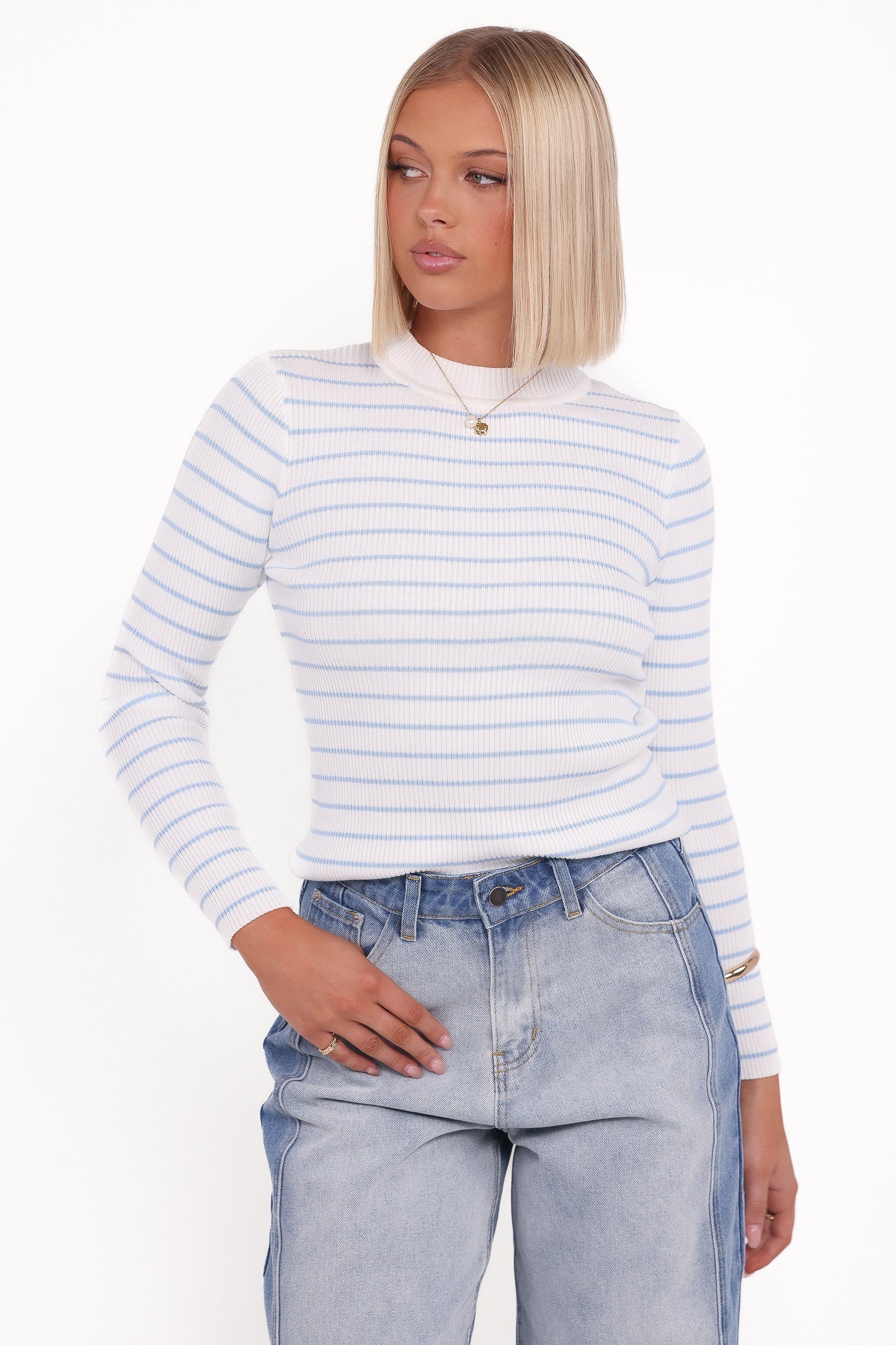 Stacie Ribbed Knit Top Light Blue Stripe
